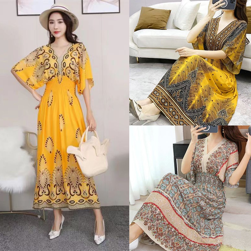 #Khuyến Mãi Cửa Hàng Mới Đầm Cotton Lụa Ngắn Tay Cổ Chữ V In Hoa Phong Cách Thái Lan Phong Cách Mùa Hè Dành Cho Bạn Nữ