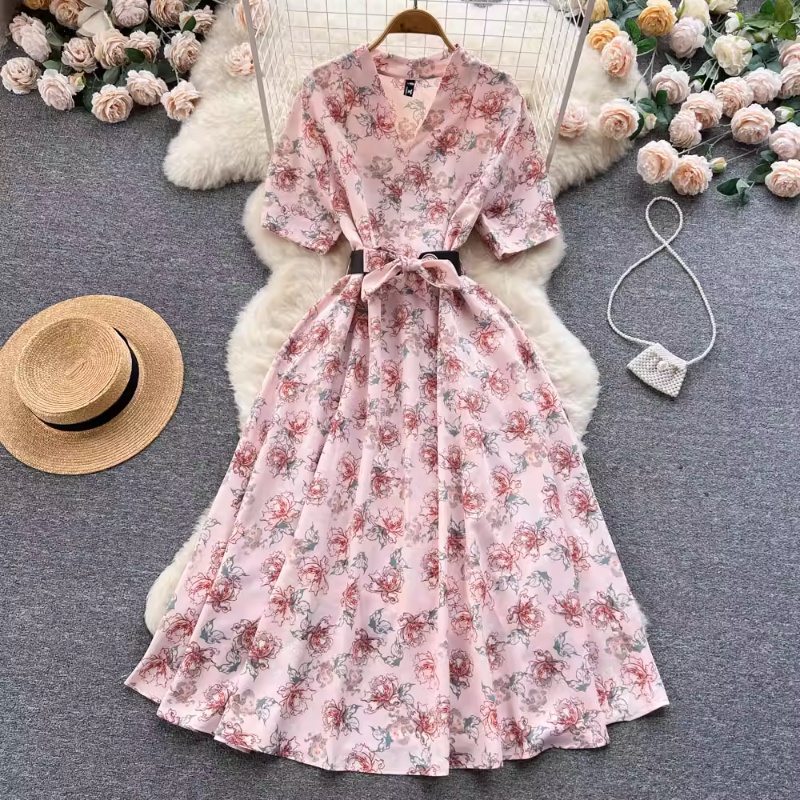 Đầm Tay Ngắn Cổ Chữ V In Họa Tiết Kèm Thắt Lưng Thời Trang Mùa Hè Xinh Xắn Cho Nữ
