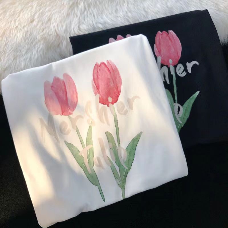 Áo Thun Tay Ngắn In Hình Hoa Tulip Năm Mới Phong Cách Nhật Bản Dành Cho Nữ