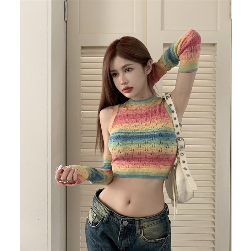 Cocory vn Áo Croptop Dệt Kim Hai Dây Dáng Ôm Họa Tiết Kẻ Sọc Cầu Vồng Thời Trang Mùa Hè Quyến Rũ Cho Nữ