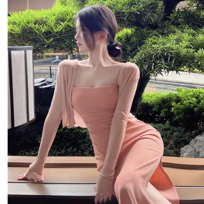 New elegant French gentle dress set with flesh-covering suspender skirt slimming hip-covering long skirt short coat OKBC