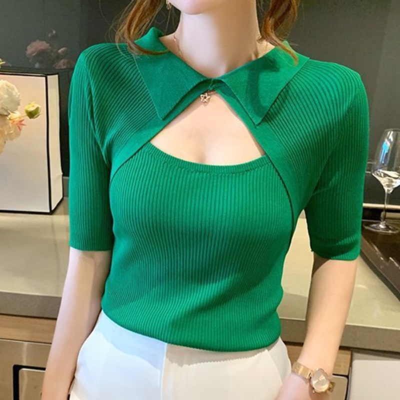 IELGY  Áo Dệt Kim Có Cổ Kiểu Dáng Nhẹ Nhàng Thanh Lịch Cho Nữ