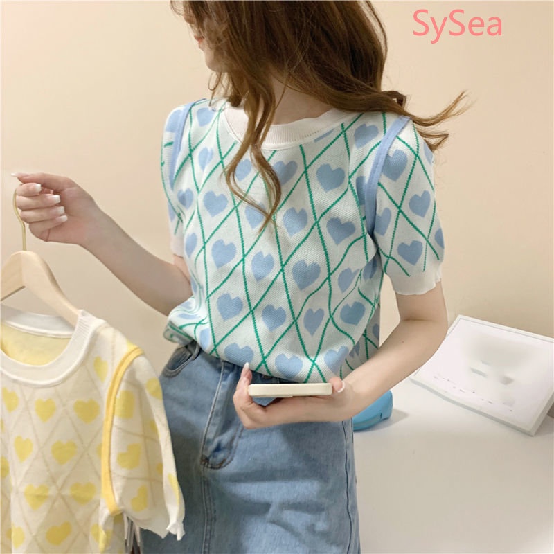 Áo Dệt Kim Cổ Tròn Họa Tiết Trái Tim Thời Trang Mùa Hè Pháp Cho Nữ