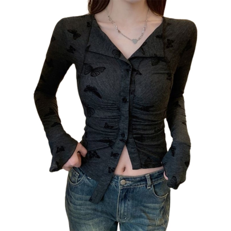 Áo Sweater Dệt Kim Tay Dài Cổ Bẻ In Họa Tiết Bươm Bướm Thời Trang Mùa Xuân Xinh Xắn Cho Nữ