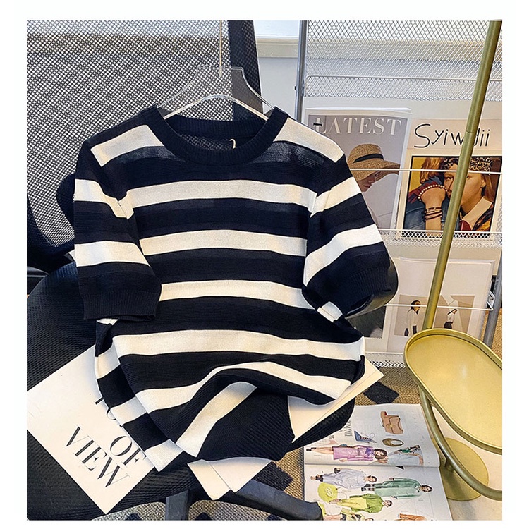 Áo Thun Dệt Kim Tay Ngắn Họa Tiết Kẻ Sọc Màu Trắng Đen Thời Trang Cho Nam Và Nữ Mã 2023