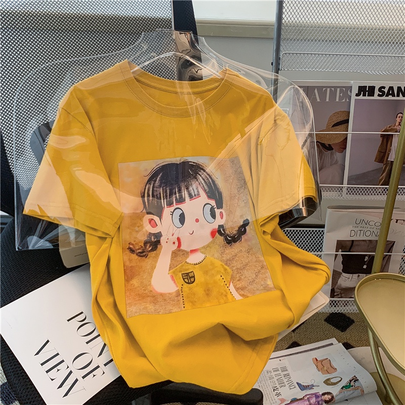 Áo thun FASHMILY 100% cotton tay ngắn dáng rộng cổ tròn họa tiết hoạt hình phong cách Hàn Quốc thời trang mùa hè cho nữ