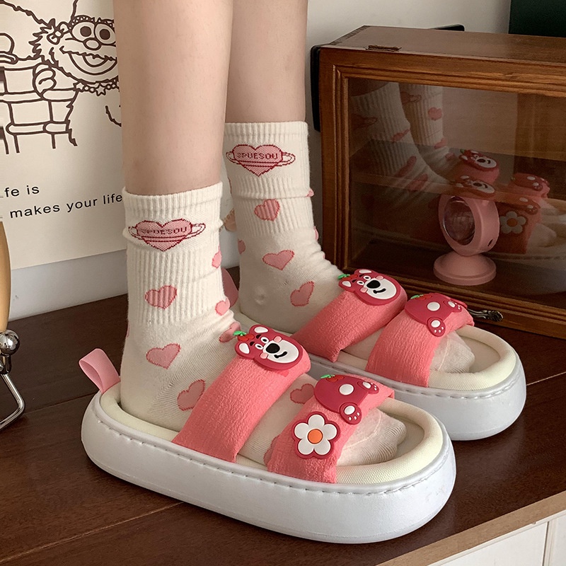 Dép Quai Ngang Đế Dày Gọn Nhẹ In Họa Tiết Hoạt Hình Phong Cách Hàn Quốc Xinh Xắn Cho Nữ