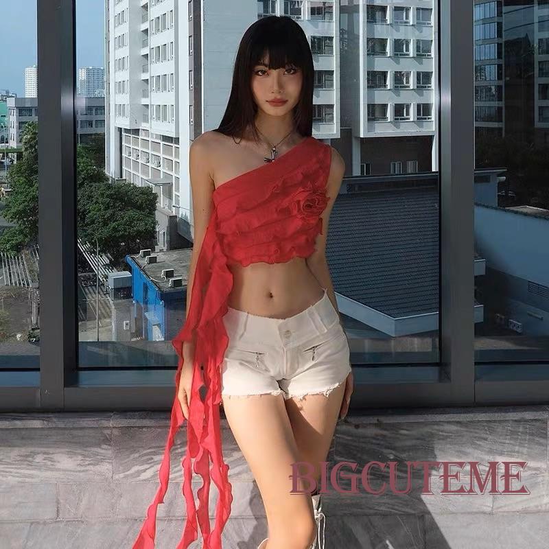 [] - Áo Crop Top Không Tay Nhún Bèo Màu Trơn Đính Hoa 3D Tua Rua Màu Trơn Thích Hợp Đi Tiệc Xuân Hè / Trắng / Cà Phê