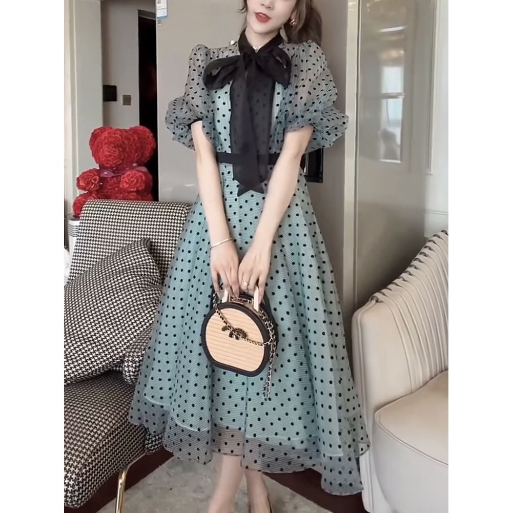 Đầm Dài Dáng Chữ a Lưng Cao Họa Tiết Chấm Bi Phong Cách Pháp Thời Trang Mùa Hè Cho Nữ