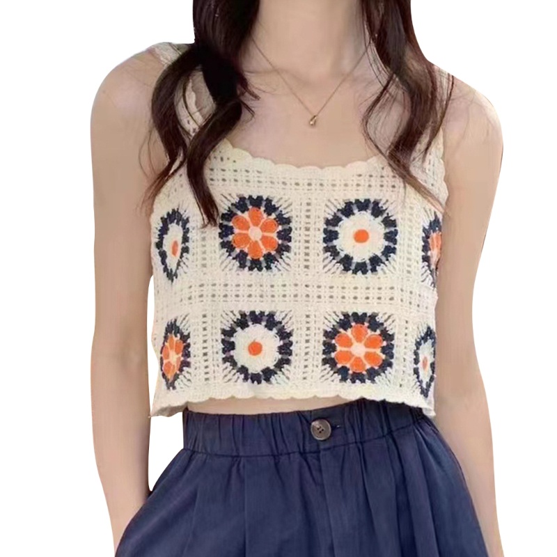Áo Croptop Dệt Kim Không Tay Khoét Lỗ Họa Tiết Hoa Thời Trang Đi Biển Cho Nữ