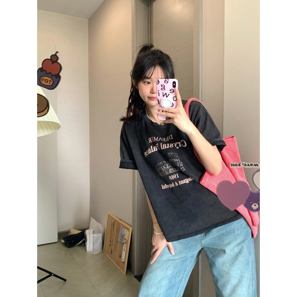 NRVP Áo Thun 100% Cotton Tay Ngắn Dáng Suông In Họa Tiết Hoạt Hình Phong Cách Hàn Quốc Cho Nữ