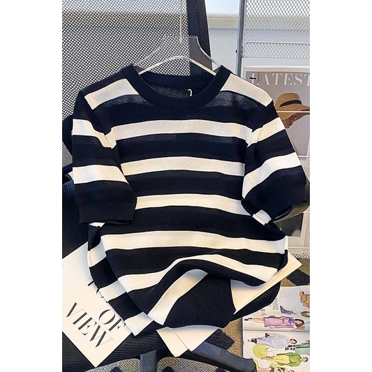 Áo Thun Dệt Kim Tay Ngắn Họa Tiết Kẻ Sọc Màu Trắng Đen Thời Trang Cho Nam Và Nữ Mã 2023