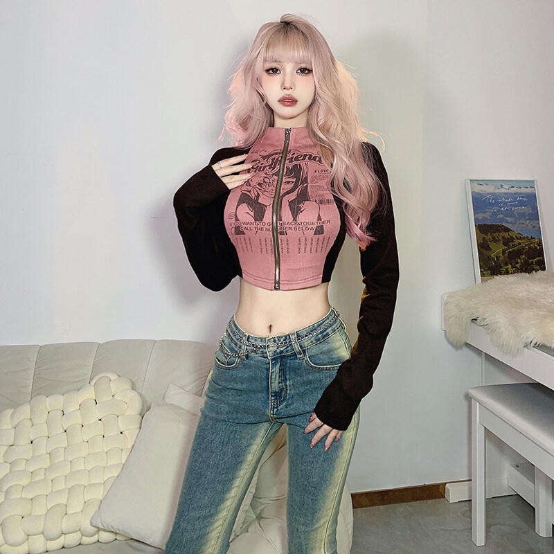 Áo croptop KLIOU ghép nối khóa kéo in hình cô gái thời trang cá tính mới 2023 dễ phối đồ