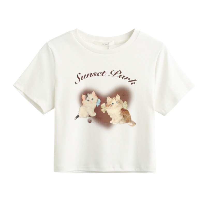 Áo thun COZOKC tay ngắn cổ tròn in hình mèo dễ thương