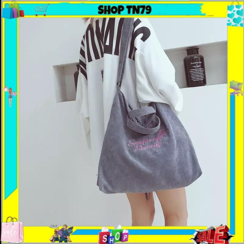Túi tote đeo chéo vải nhung thêu chữ siêu to ullzang unisex đi học đi chơi