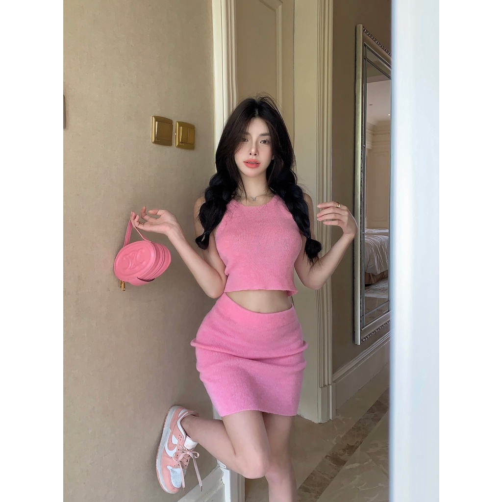 Set Áo Hai Dây + Chân Váy Chữ A Màu Trơn Thời Trang Mùa Hè Mới Cho Nữ