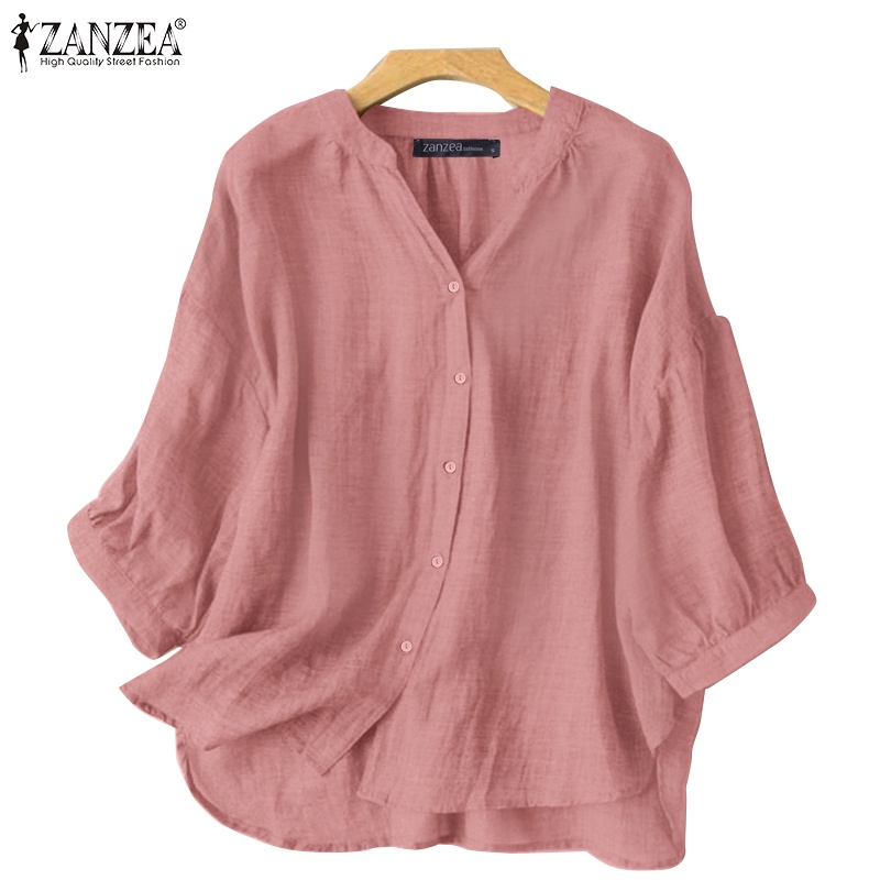 Áo sơ mi ZANZEA tay lửng cổ chữ V dễ phối đồ thời trang Hàn Quốc cho nữ