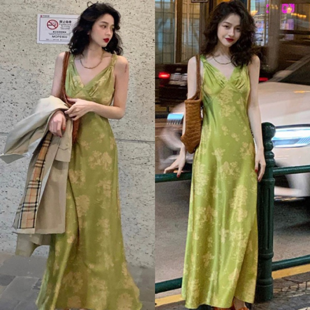 Hong Kong style retro feminine elegant printed dress sleeveless suspender dress V-neck large swing meat-covering dress Y8JC