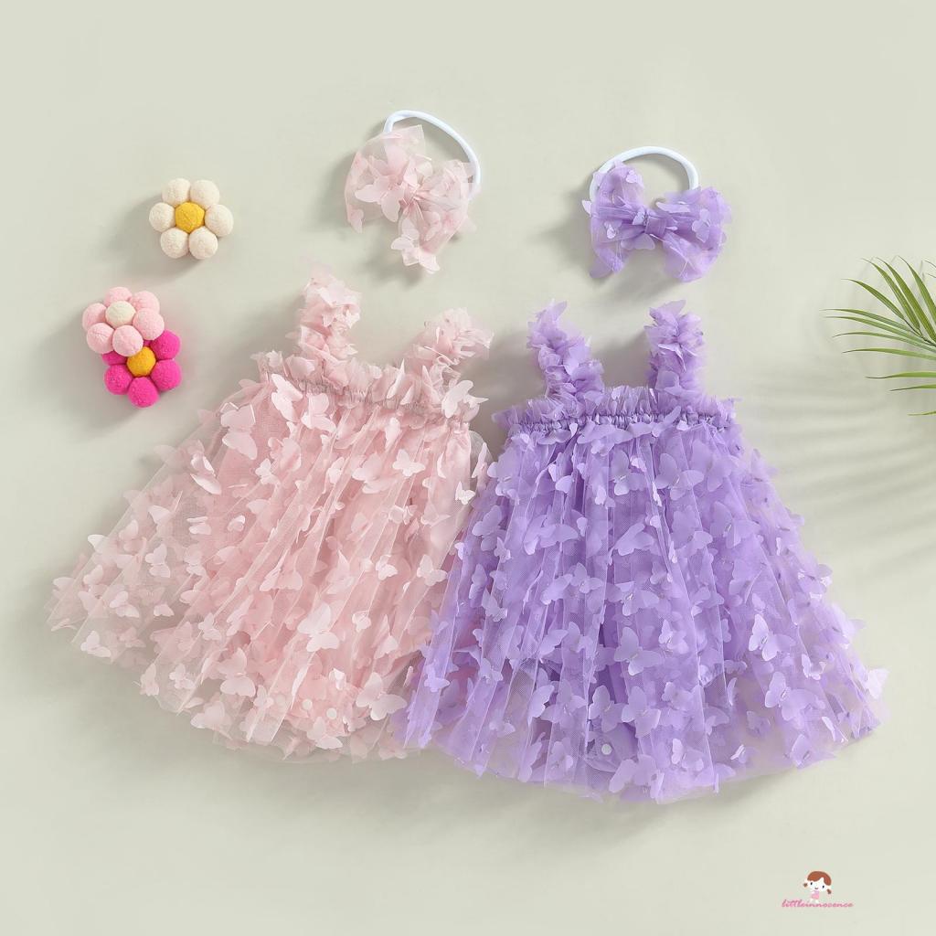 Set Đầm Xoè Tulle Sát Nách Hoạ Tiết Bướm 3D + Băng Đô Cài Tóc Cho Bé