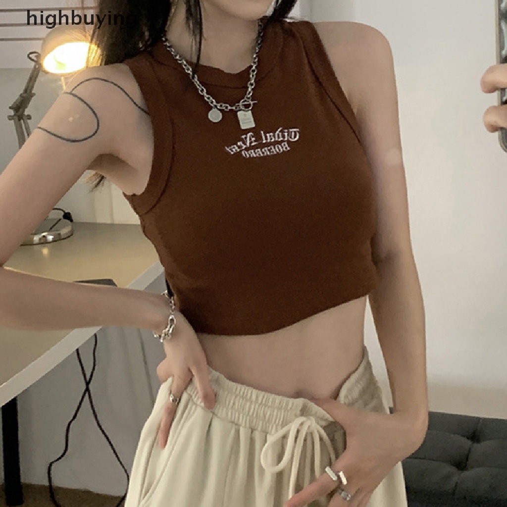 Áo Croptop Sát Nách Cổ Tròn Thêu Chữ Thời Trang Mùa Hè Cho Nữ