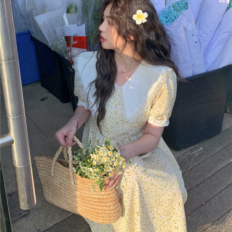 IELGY   Đầm Midi Cổ Búp Bê Họa Tiết Hoa Ngọt Ngào Thời Trang Cho Nữ