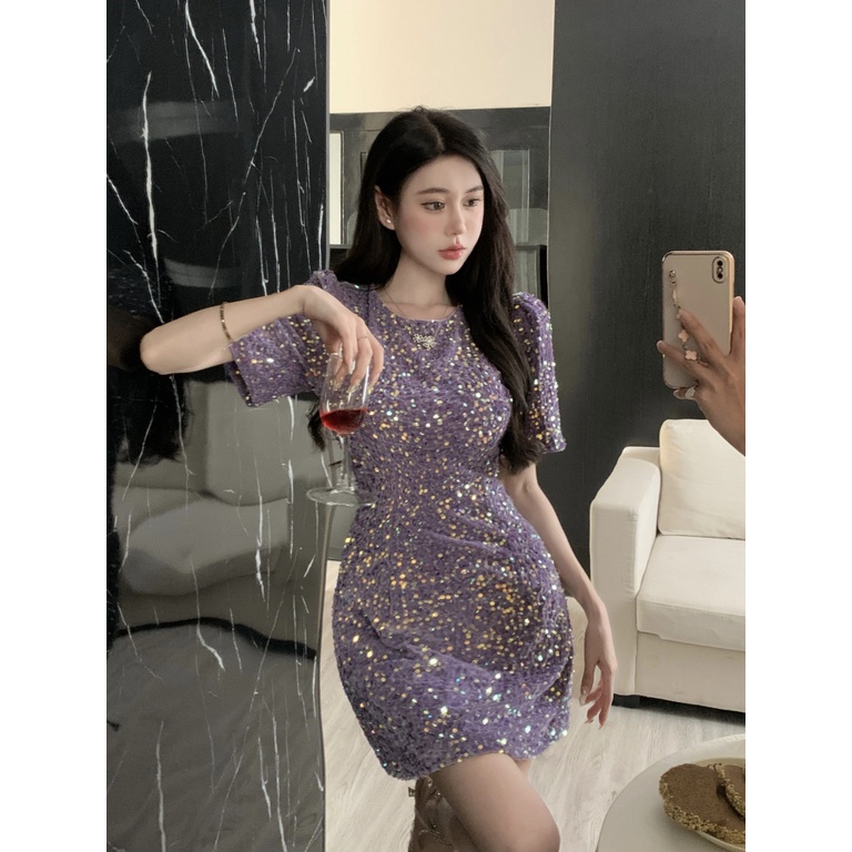 Đầm Ngắn Tay Lưng Cao Đính Kim Sa Lấp Lánh Thời Trang Pháp