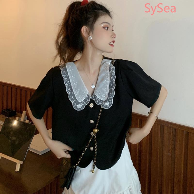 Plus Áo Sơ Mi Ngắn Tay Cổ Búp Bê Kèm Quần Ngắn Thiết Kế Thời Trang Pháp Cho Nữ