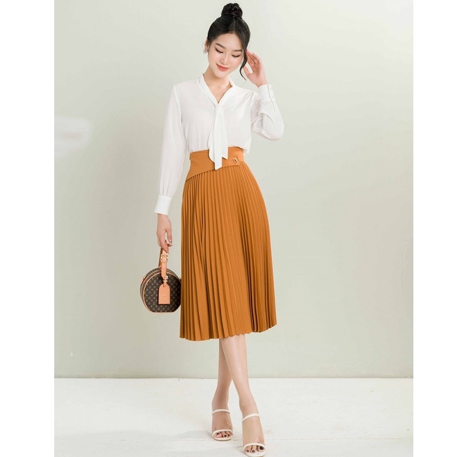 Chân váy dáng xòe xếp ly lưng cao Chất liệu Twill Silk cao cấp Orchid GH8X640