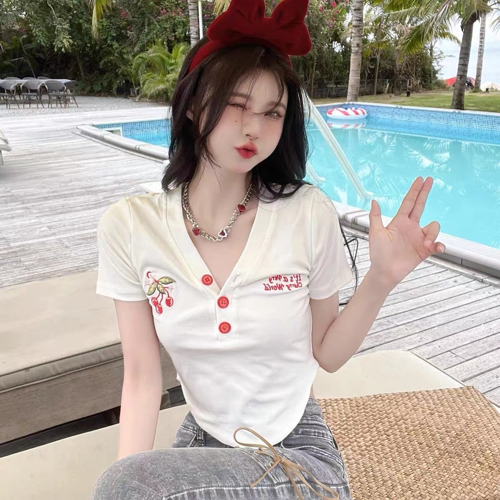 Áo Thun Tay Ngắn Cổ Chữ V In Hình Quả Cherry Thiết Kế Mới Thời Trang Mùa