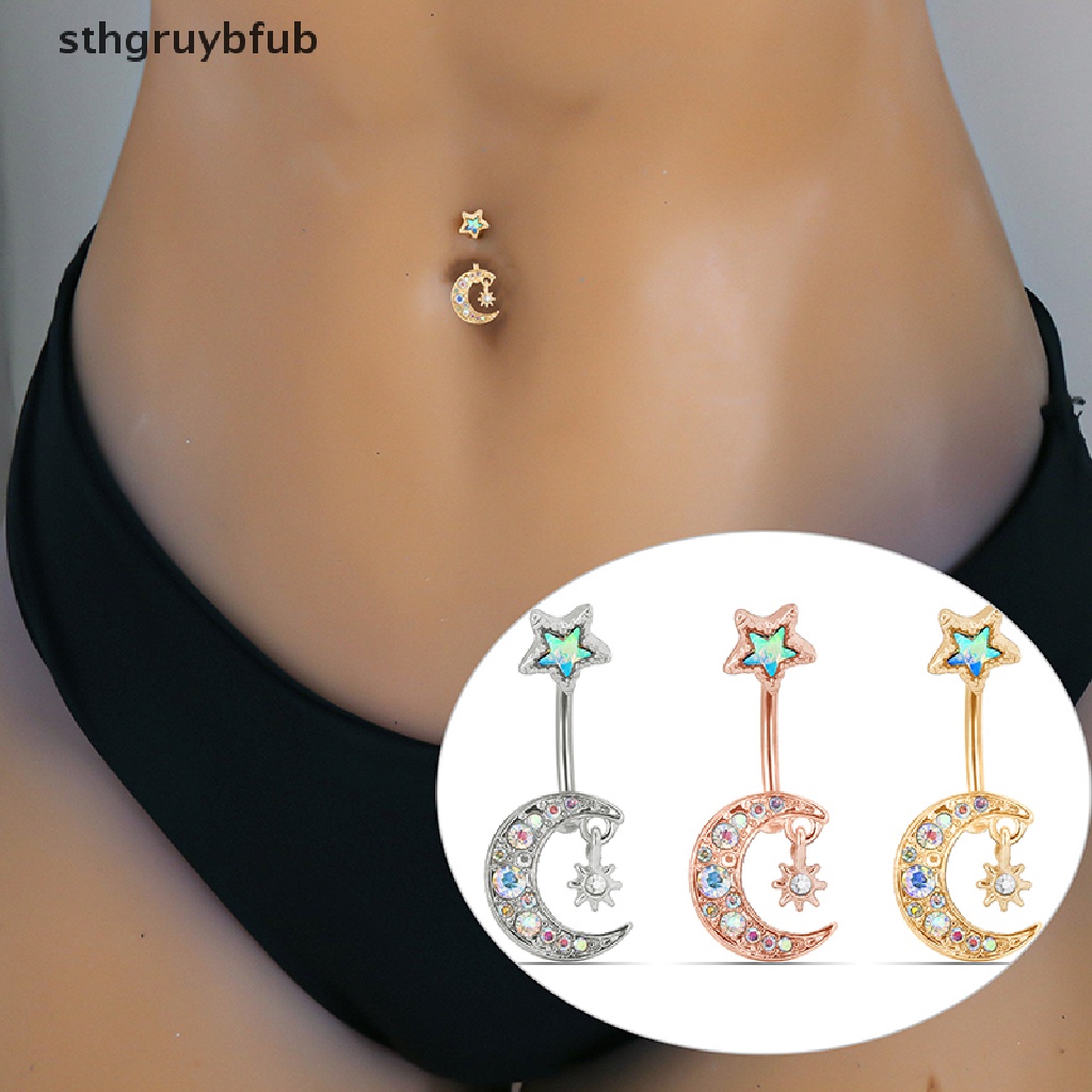Khuyên Rốn Bằng Thép Không Gỉ Hình Trăng Sao Đính Đá Thời Trang