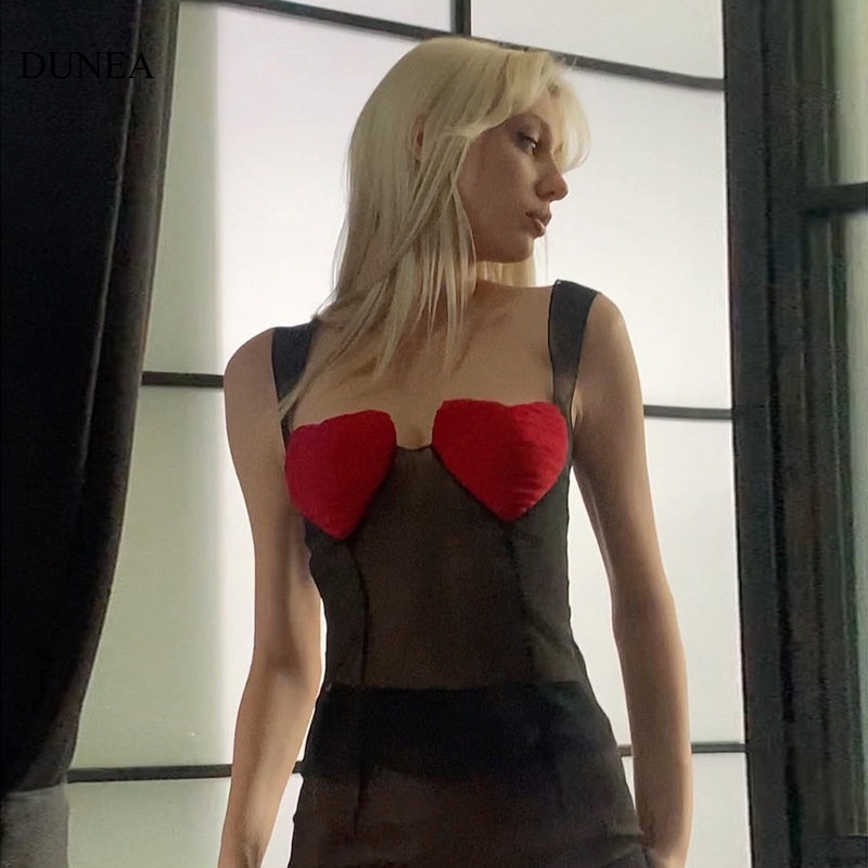 Áo Hai Dây Hở Lưng Họa Tiết Trái Tim Tương Phản Quyến Rũ Cho Nữ