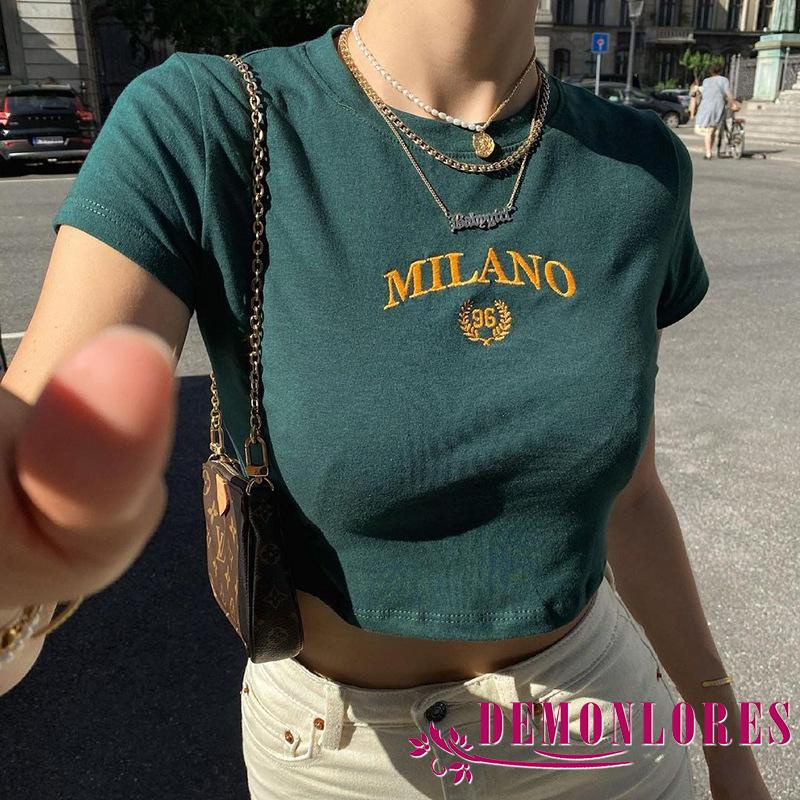 Áo Thun T-shirt Tay Ngắn Cổ Tròn Thêu Chữ Số Y2K Dành Cho Nữ