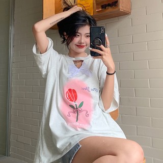 Áo Thun Cotton Tay Ngắn Cổ Tròn Dáng Rộng In Họa Tiết + Nơ Trang Trí Thời Trang Mùa Hè Cho Nữ