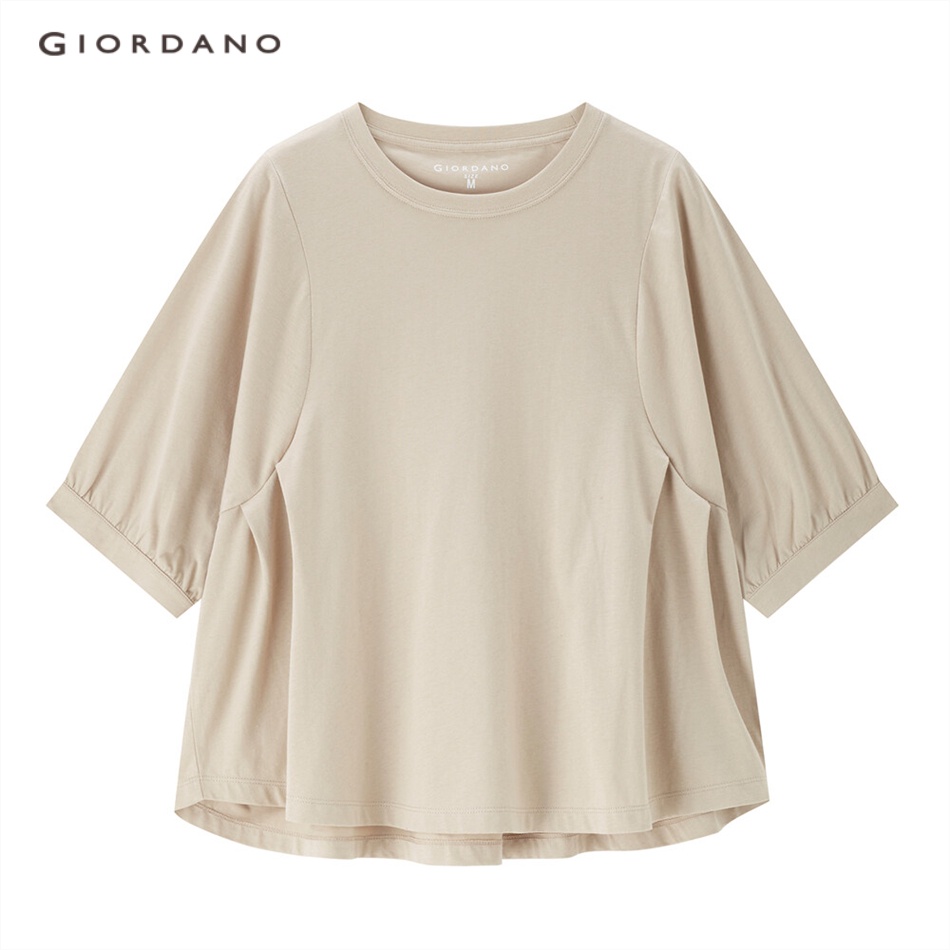 Áo thun GIORDANO 13323308 cotton cổ tròn tay phồng xếp ly thời trang dành cho nữ