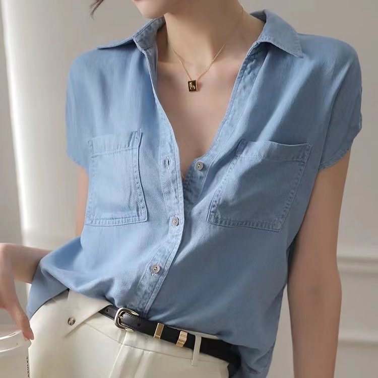 Áo Sơ Mi Denim Tay Ngắn Dáng Rộng Mềm Mại Phong Cách Retro Thời Trang Mùa Hè Cho Nữ