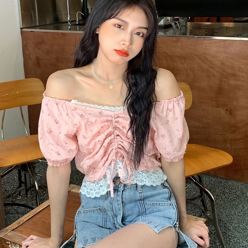 Áo Croptop Ôm Dáng Tay Phồng In Họa Tiết Hoa Quyến Rũ Thời Trang Cho Nữ