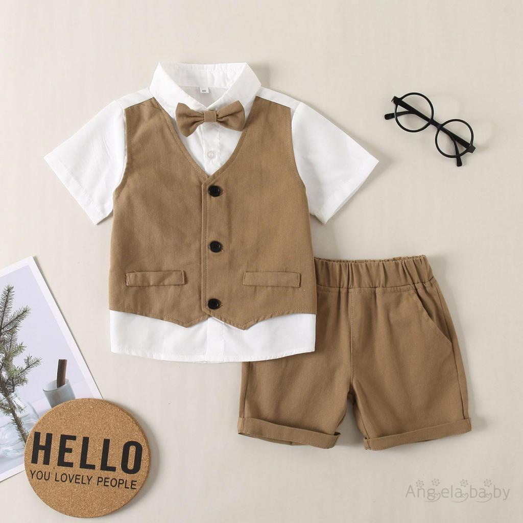Set Đồ 2 Món Áo Blazer Tay Ngắn Thắt Nơ + Quần Ngắn Màu Trơn Thanh Lịch Dành Cho Bé Trai