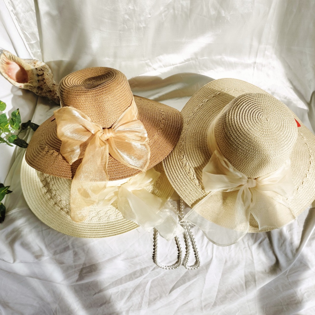 Nón cói,Mũ cói đi biển nữ vành rộng nơ voan to phong cách vintage có quai đeo chống bay -vr nơ voan - Thủy Vinatage