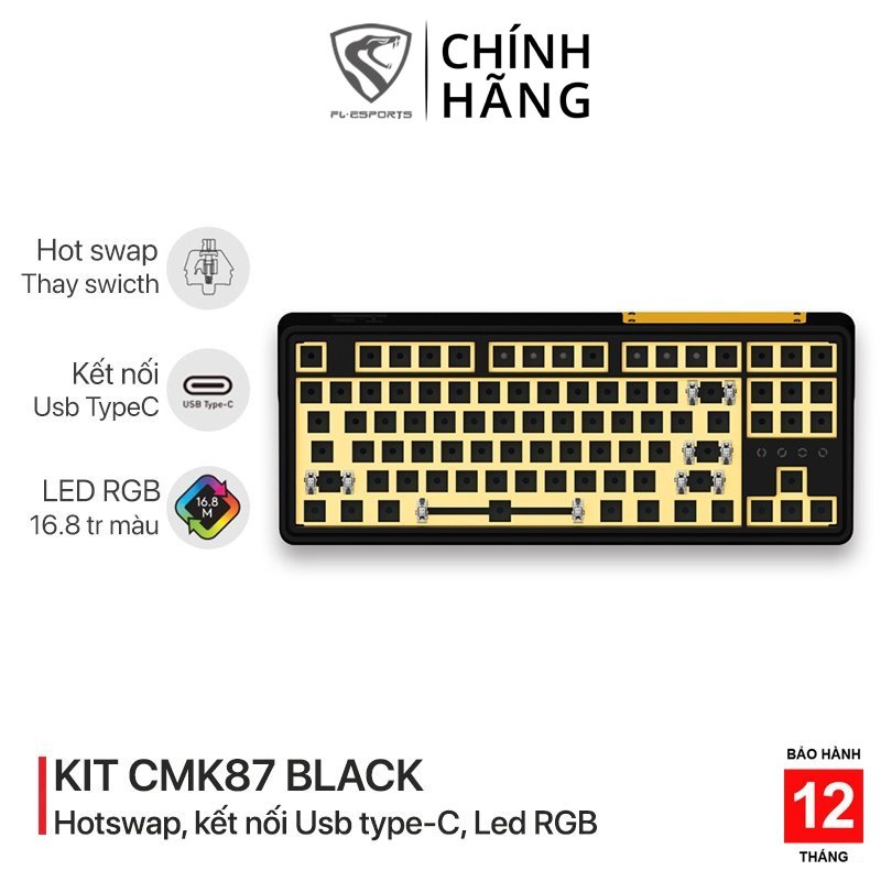 Bộ KIT bàn phím cơ chơi game có dây FL-Esports CMK87 Black RGB - Mạch xuôi - Sẵn foam - Kết nối Type-C