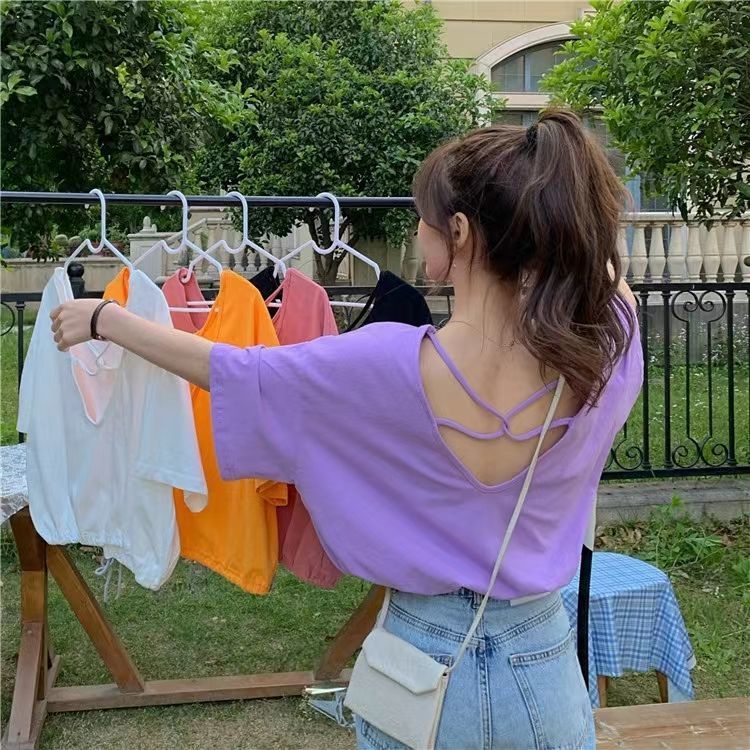 Hàng Mới Về Áo Thun Thể Thao Cotton Ngắn Tay Dây Chéo Lưng Thời Trang Cho Nữ 30314