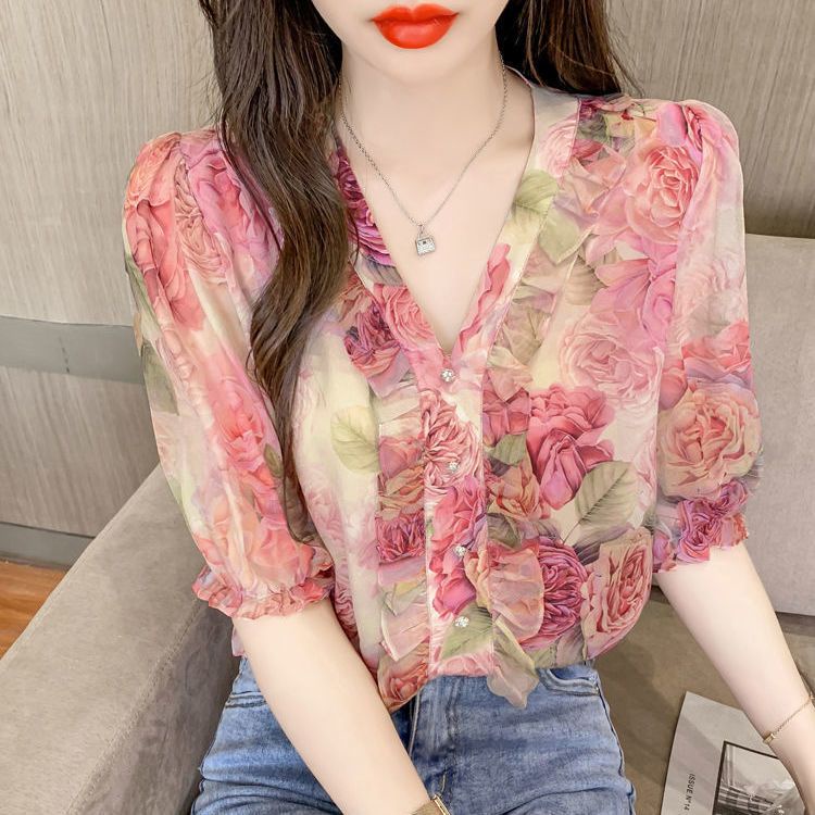 Áo Sơ Mi Chiffon Tay Ngắn Cổ Chữ V Dáng Rộng In Họa Tiết Hoa Thời Trang Mùa Hè Cho Nữ