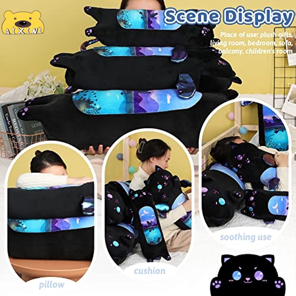 Gấu bông con mèo búp bê mèo đen gối mèo đen dài búp bê mèo thiên thần thú nhồi bông quà tặng trẻ em Món quà sinh nhật gối ngủ