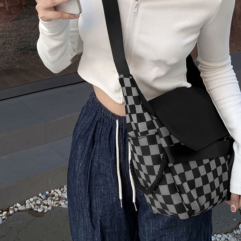 QFDI Túi Đeo Vai canvas Họa Tiết Caro Xám Đen Phong Cách Nhật Bản Dễ Phối Đồ Cho Nữ
