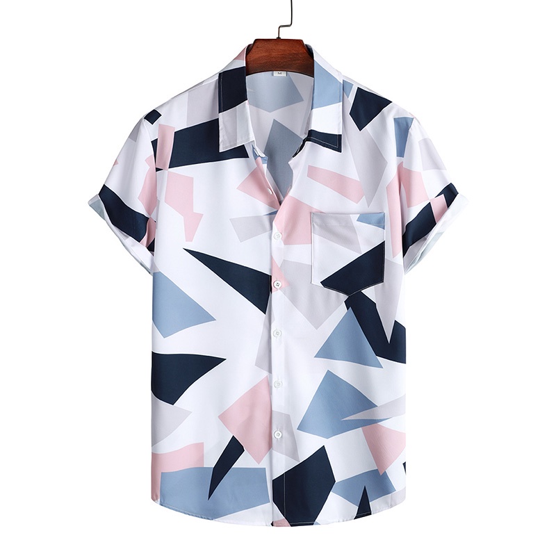 Áo Sơ Mi Tay Ngắn Dáng Rộng In Họa Tiết Hình Học / Màu Đen / Xanh Lá / Trắng Cài Nút Thời Trang Đường Phố Cho Nam