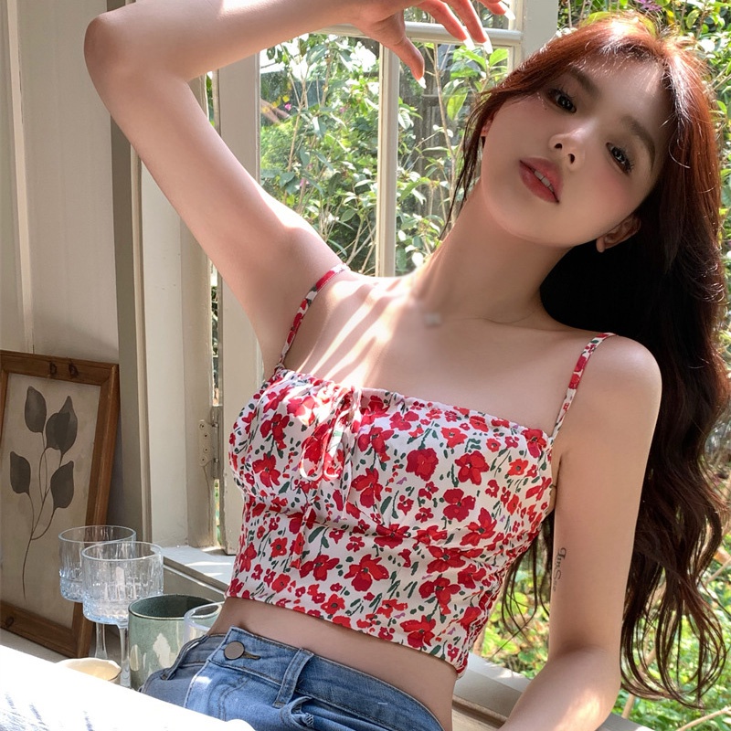 Áo Tank Top Hai Dây In Hoa Phong Cách Hàn Quốc Ngọt Ngào Cho Nữ