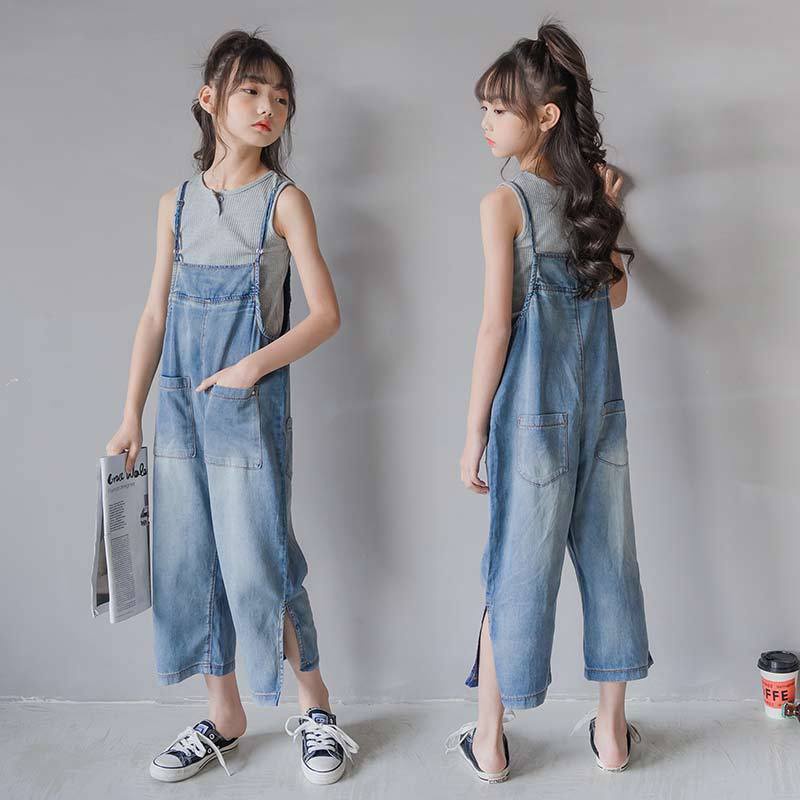Quần Yếm Denim Mùa Hè 2023 Dáng Suông Rộng Phong Cách Đường Phố Mới Cho Bé Gái 5-8-10-14 Tuổi
