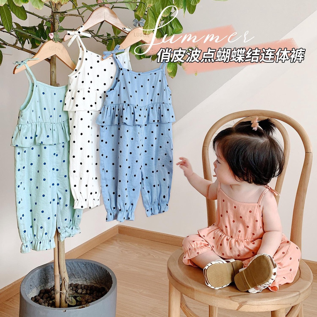 Bộ Áo Liền Quần Họa Tiết Chấm Bi Dáng Rộng Thời Trang Mùa Hè Mới Cho Bé Gái