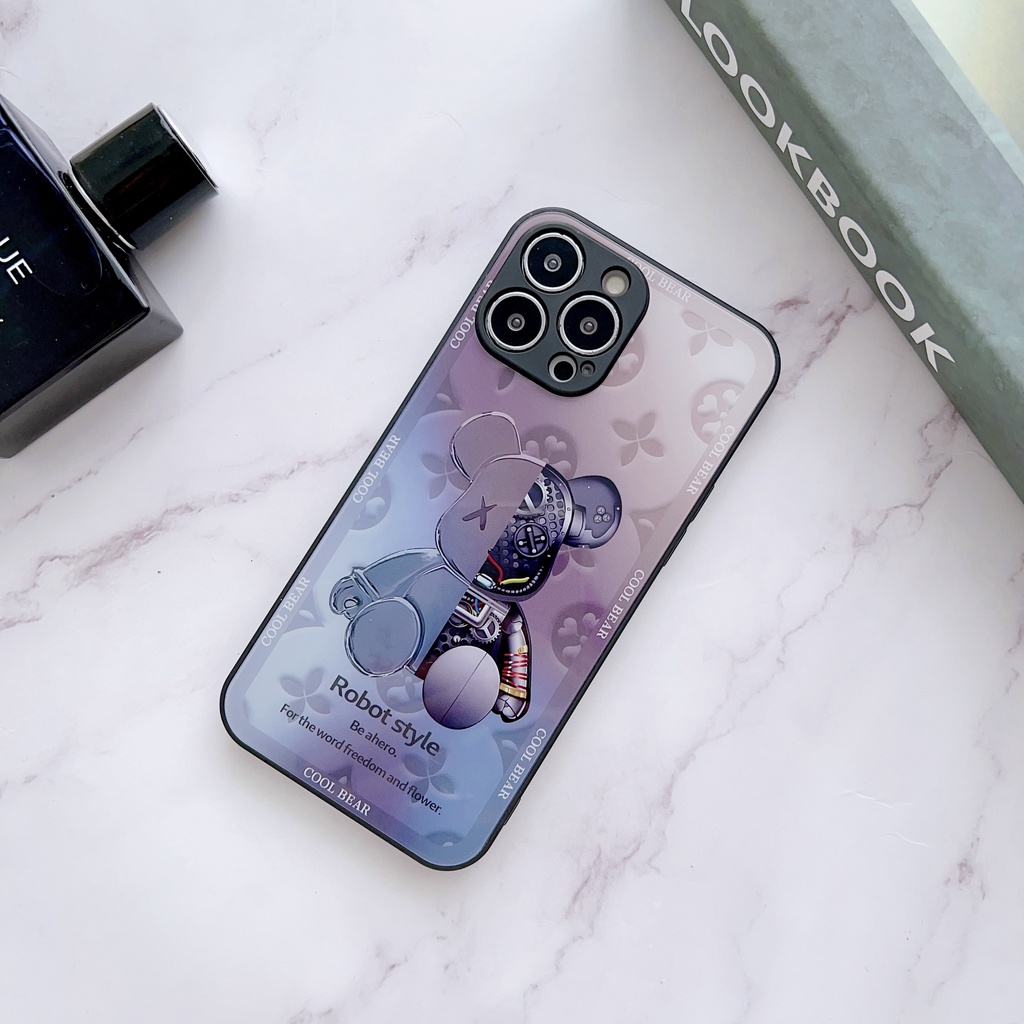 Ốp Điện Thoại Kính Cường Lực Viền tpu Dẻo In Hình Gấu Đơn Giản Thời Trang Cho iPhone 14 13 12 11 PRO MAX XR XS 7 8Plus