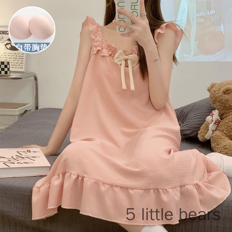 Đầm Ngủ Hai Dây Cotton Nguyên Chất Có Đệm Ngực Phong Cách Công Chúa Mùa Hè Bán Chạy Cho Nữ