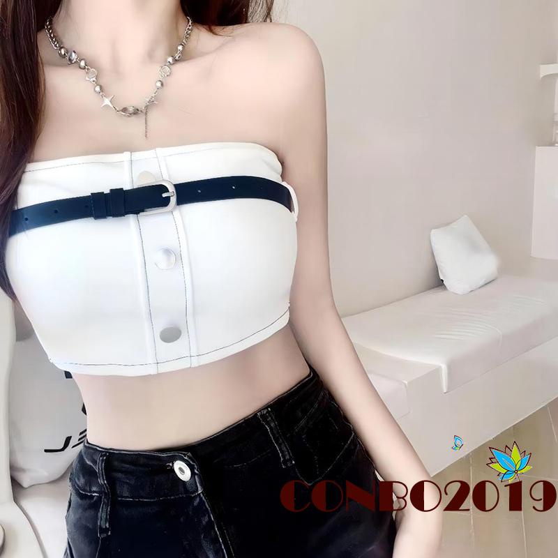 Áo Croptop Không Dây Dáng Ôm Cài Nút Kim Loại Phía Trước Thời Trang Cho Nữ